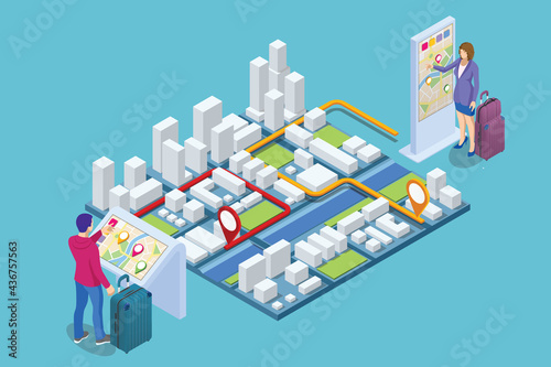 Isometric Promotional Interactive Information Kiosk, Advertising Display, Terminal Stand, Touch Screen Display. People are use interactive touchscreen with city map