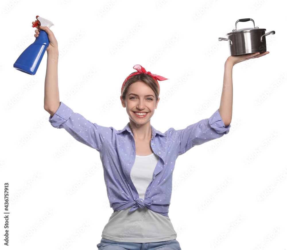 Young housewife with pot and detergent on white background Young housewife with pot and detergent on white background