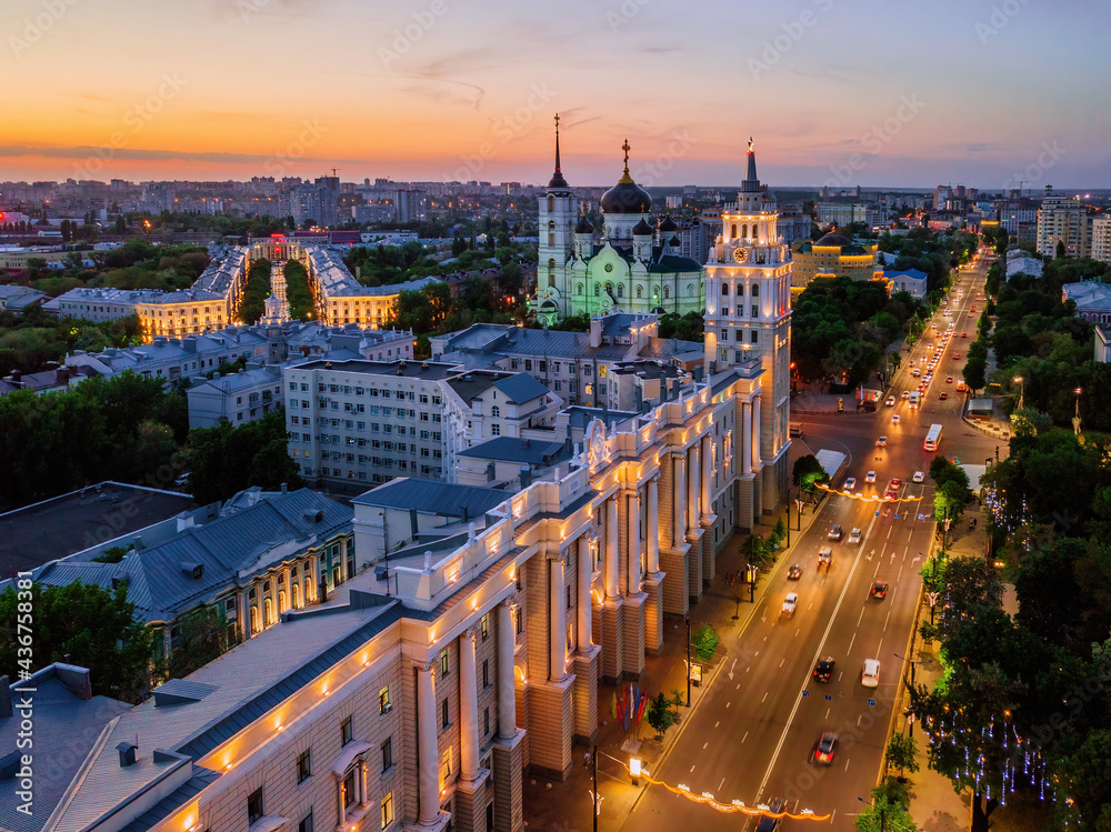 Night summer Voronezh cityscape. Annunciation Cathedral and Tower of management of south-east railway
