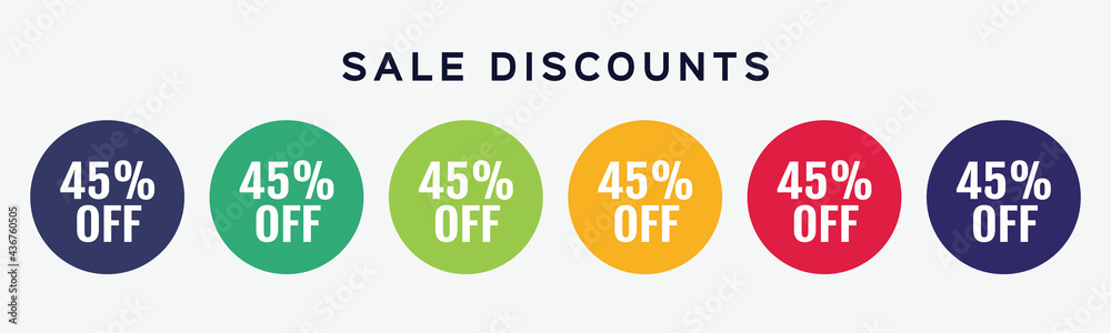 6 circles set with 45 percent symbol, shop icon in various colors. Vector illustration. 6 circles set with 45 percent symbol, shop icon in various colors. Vector illustration.