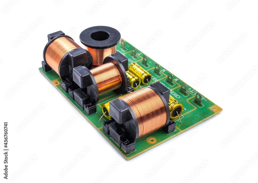 Three-way crossover network for audio speaker filters. Circuit board, electronic equipment, clipping path isolated on white background.