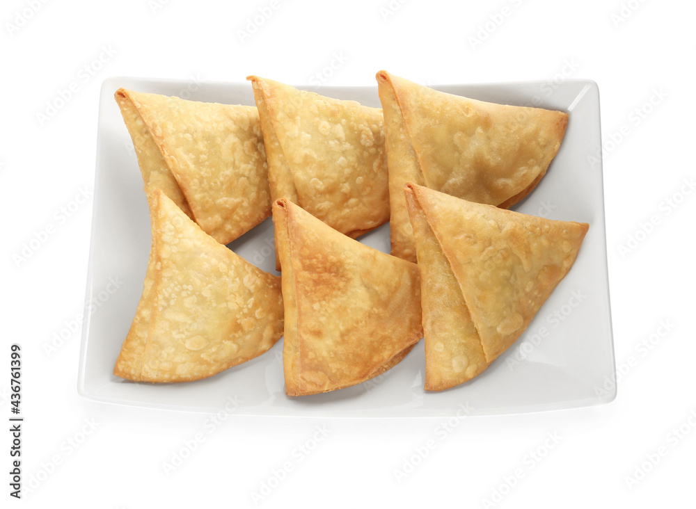 Fresh delicious crispy samosas on white background, top view Fresh delicious crispy samosas on white background, top view