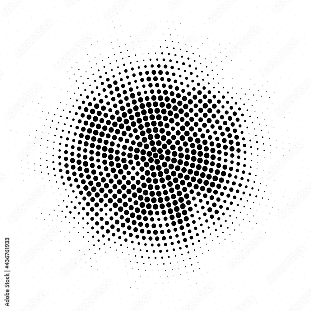 Halftone dotted radiate texture. Vector abstract background, overlay. Minimalists art element for advertisement banners, comic books, posters, packaging.