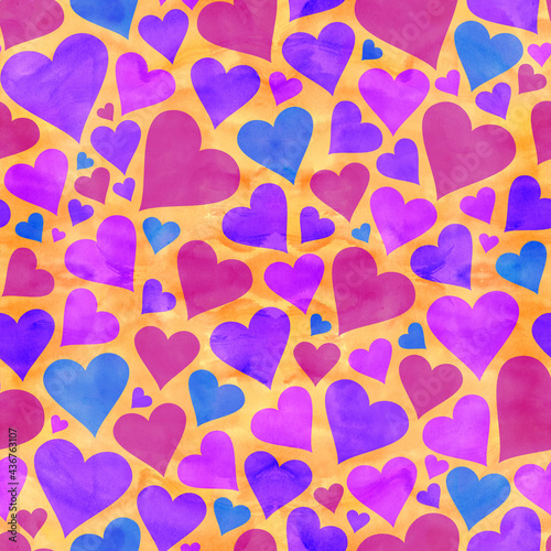 Purple & Blue Watercolor Hearts on a Gold Watercolor Background
