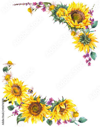 Watercolor sunflowers summer vintage wreath. Natural yellow floral frame photo