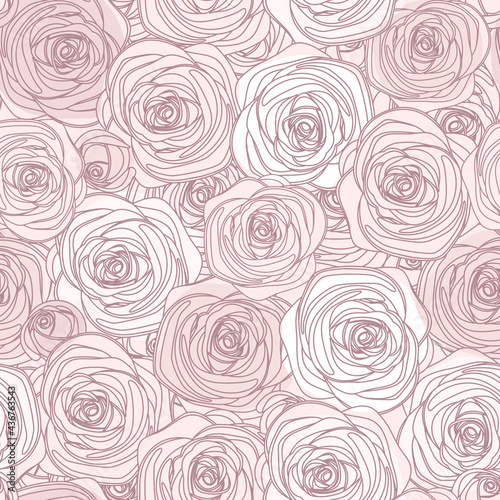 Line art pink seamless pattern with roses.