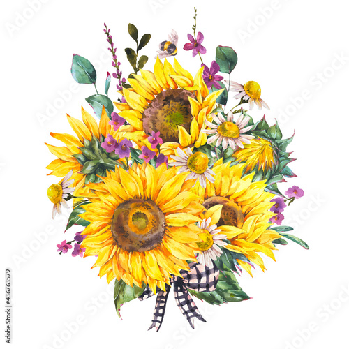 Photo Watercolor rustic farmhouse sunflower wildflowers, meadow flowers bouquet