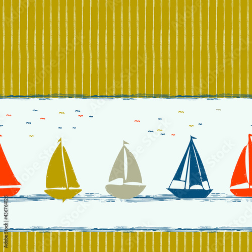Coastal sail boat drawn seamless pattern. Marine 2 tone yacht ship printed background for interior textiles and modern trendy fashion. Maritime travel all over design vector repeat.
