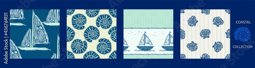 Coastal sail boat drawn seamless pattern. Marine 2 tone yacht ship printed background for interior textiles and modern trendy fashion. Maritime travel all over design vector repeat.
