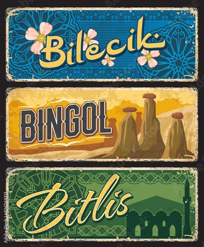 Bilecik, Bingol and Bitlis il, Turkey provinces vintage plates. Famous Turkish landmarks plaques or banners. Vector retro grunge boards, worn signboards, touristic aged travel destination signs