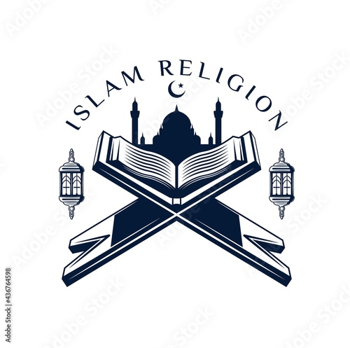 Quran or Koran vector icon with holy book of Muslim religion prayers. Open book of Islam religious text on wood stand or holder with Muslim mosque, crescent moon and Ramadan Kareem festive lanterns