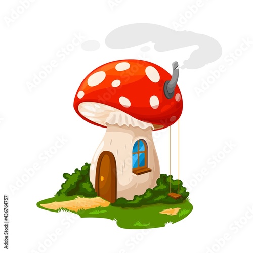 Fairy mushroom house or gnome dwelling and dwarf home, vector cartoon. Dwarf gnome or elf fairy tale mushroom house from amanita, hut with wooden door, chimney and swings at garden yard