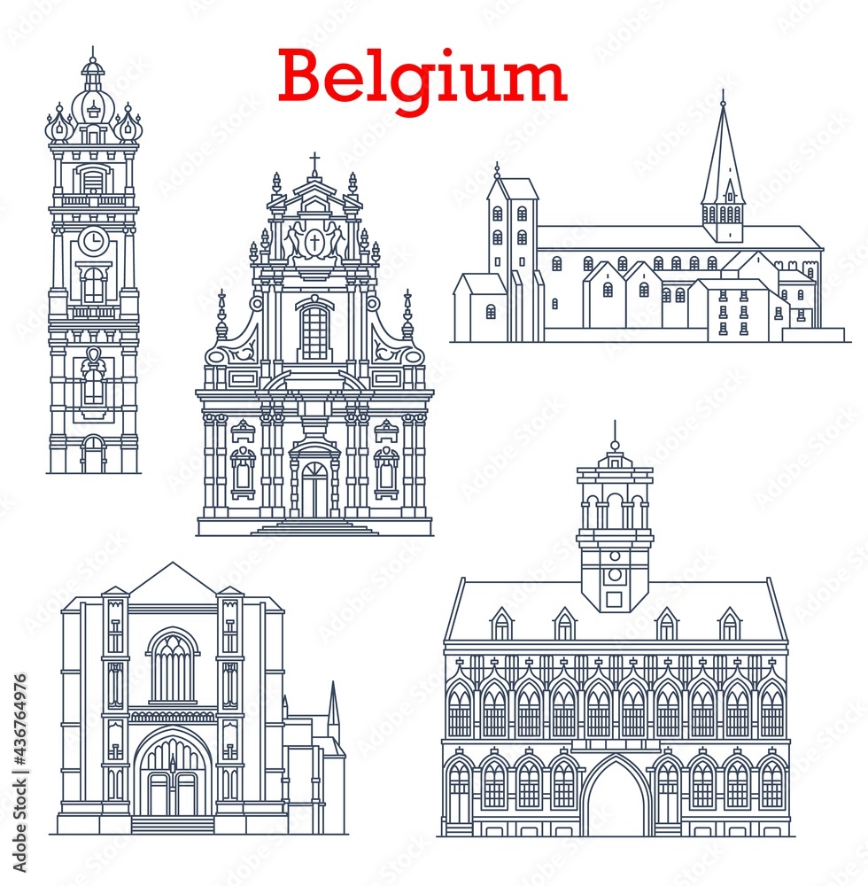 Naklejka premium Belgium landmarks architecture and buildings of Mons, Binche and Bruges city, vector icons. Belgian famous cathedrals, Saint Waltrude Collegiate and St Ursmer Church or Sint Ursmaruskerk houses