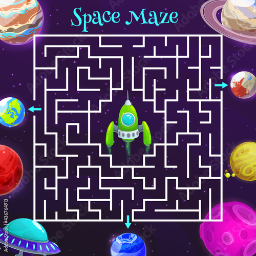 Cartoon space labyrinth maze game of vector kids education design. Puzzle game, riddle, quiz or test with square maze, help spaceship or shuttle to find right way to Earth and alien space planets