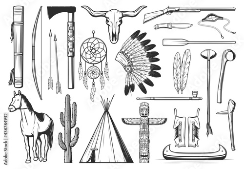 American indians culture symbols. Thin line bow, arrows and quiver, tomahawk or hatchet, dreamcatcher and buffalo skull, warbonnet, rifle and teepee, totem, canoe and rifle, knife, sling and horse
