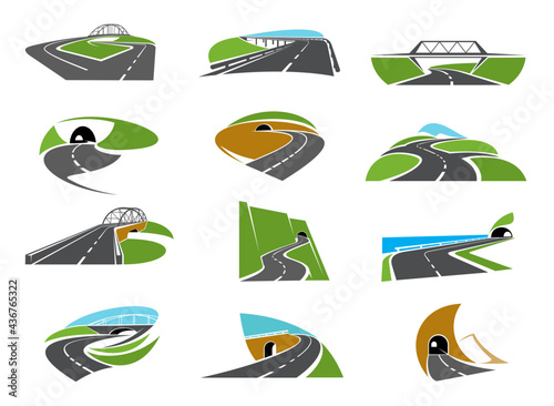 Highway, pathway road icons with bridge, crossroads and tunnel. Asphalt motorway, vector winding in mountain freeway with road intersection and turns. Transportation industry, travel or race symbols
