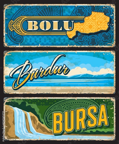 Bolu, Burdur and Bursa il, Turkey provinces vintage plates or banners. Vector Turkish landmarks, aged travel destination signs. Retro grunge boards, worn signboards touristic famous places plaques set