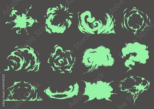 Cartoon bad green smell clouds, smoke and toxic steam. Vector stench or stink, fart, spoiled rotten food odor, fume trails, disgusting stinky breathing. Garbage vapor isolated set on grey background