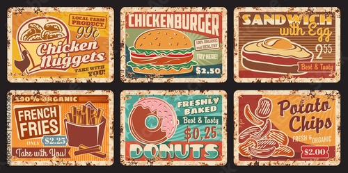 Fast food snacks rusty metal plates, vector french fries, sandwich fried eggs, chicken nuggets or donut and burger with potato chips vintage rust tin signs. Street food, junk meals retro posters set
