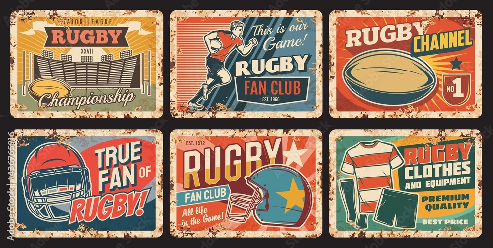 Rugby sport vector rusty metal plates, player run with ball, helmet, uniform, play field. American football sports equipment rust tin signs. College, university competition rugby stadium posters set
