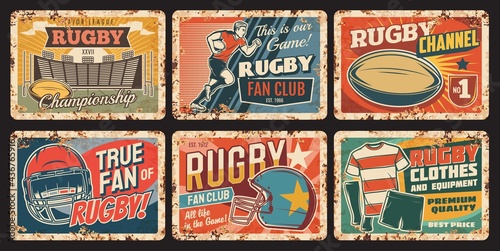 Rugby sport vector rusty metal plates, player run with ball, helmet, uniform, play field. American football sports equipment rust tin signs. College, university competition rugby stadium posters set