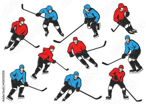 Ice hockey sport players with sticks, pucks, skates. Isolated vector ice hockey team players on rink, forwards and defensemen in red and blue uniform, helmets, jersey and gloves, shorts and leg pads