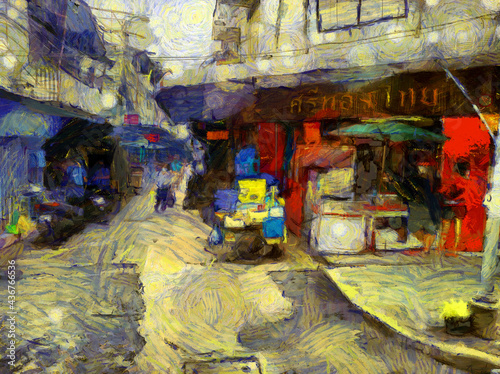 Landscape of the streets of bangkok Illustrations creates an impressionist style of painting. © Kittipong