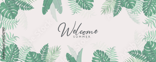 Minimalist summer banner design with tropical leaves theme