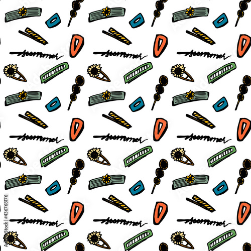 Hand drawn hairpins seamless pattern. Colorful hair accessories ink illustration. Bright background for summer decoration. Vector banner for girls. 