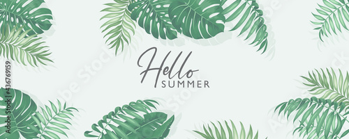 Minimalist summer banner design with tropical leaves theme