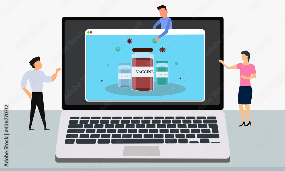 Vaccine Development of a COVID-19 vaccine on laptop screen vector. Vaccine Development of a COVID-19 vaccine on laptop screen vector.