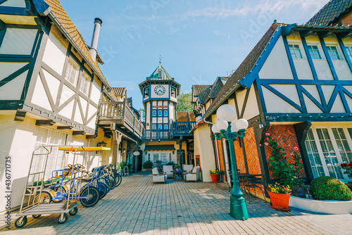 Tivoli Square Clock Tower in Solvang, a City in Southern California's Santa Ynez Valley. The city has known for its traditional Danish style architecture