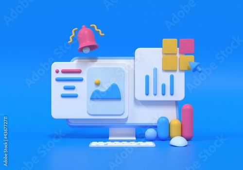 Mobile application, Software and web development with 3d shapes, bar chart, an infographic on blue background. 3d rendering