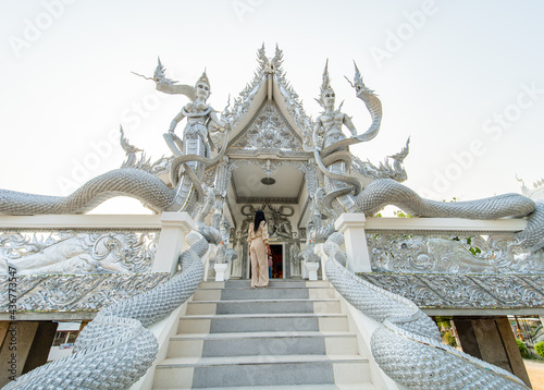 Sisaket, Thailand - April 6, 2021: Tourists visit church art in Thai temples, Sisaket Province, Thailand.