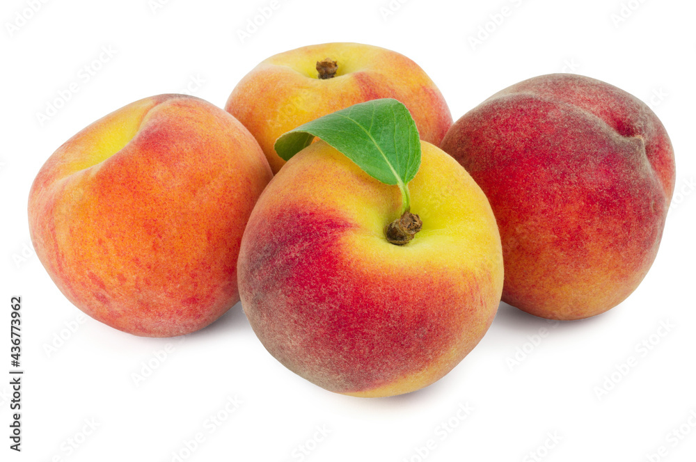 Ripe sweet peaches isolated on white background. Fresh fruits. Ripe sweet peaches isolated on white background. Fresh fruits.