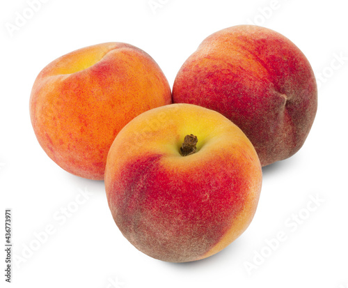 Ripe sweet peaches isolated on white background. Fresh fruits.