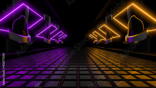 Fototapeta Naklejka Na Ścianę i Meble -  Sci Fy neon lamps in a dark corridor. Reflections on the floor and walls. 3d rendering image.