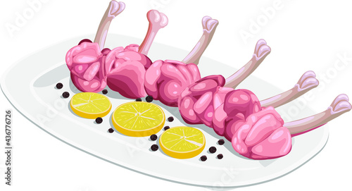 Vector illustration of Raw chicken lollipop, six pieces of chicken lollipop arranged on a white  serving base with lemon slices and pepper, isolated