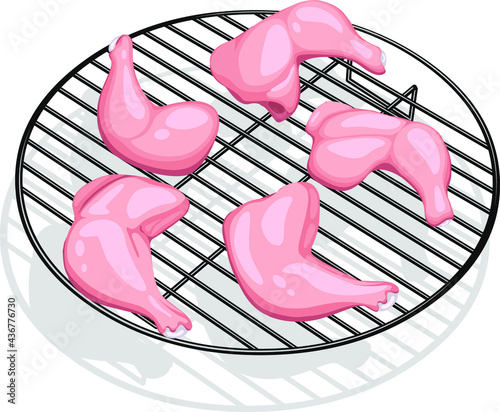 Vector illustration of Raw whole chicken leg without skin arranged on grill, isolated.