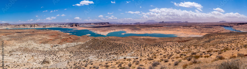 Panoramic view of Lake Powell in Arizona with blue sky
