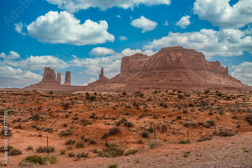 Famous rock formations in Monument valley Utah with cloudy blue sky