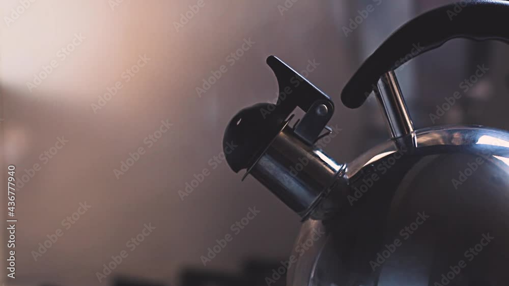 Close-up of the spout of a silver boiling kettle in a kitchen under natural lighting with selective focus on the steaming spout