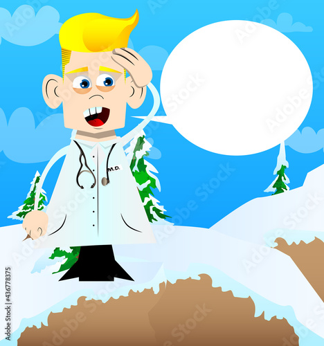 Funny cartoon doctor placing hand on head. Vector illustration. Health care worker with problems thinking on solutions.
