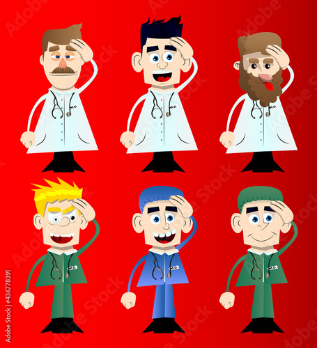 Funny cartoon doctor placing hand on head. Vector illustration. Health care worker with problems thinking on solutions.