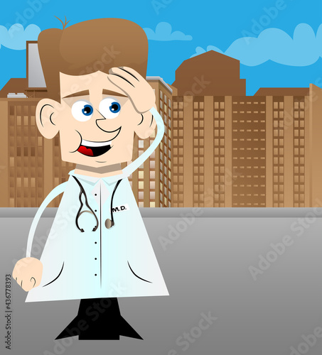 Funny cartoon doctor placing hand on head. Vector illustration. Health care worker with problems thinking on solutions.