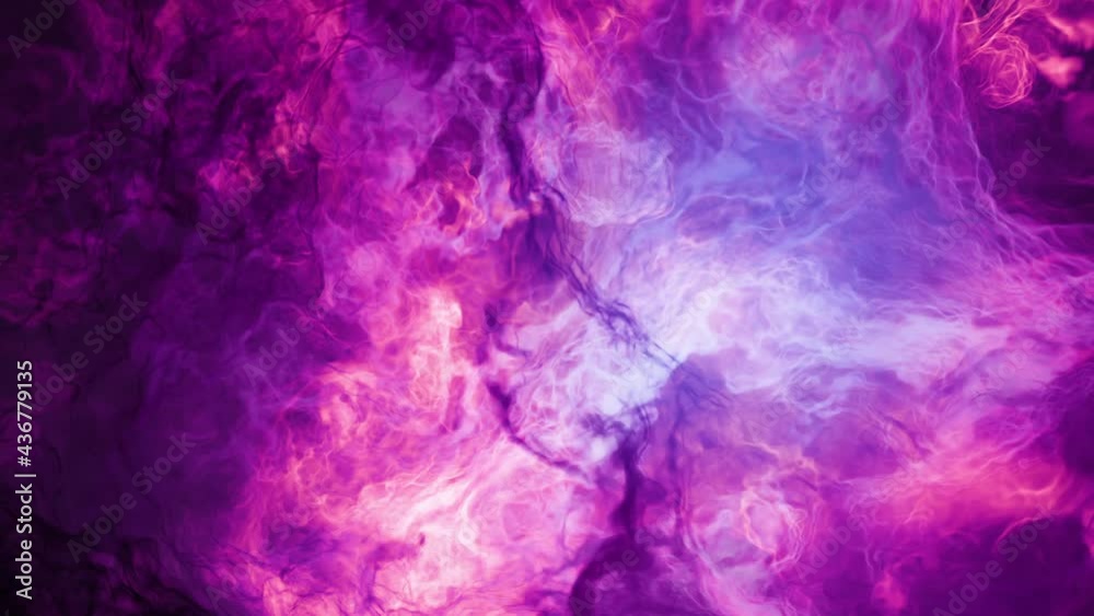 Looping purple and pink plasma ball of energy, flowing nebula abstract space backdrop.