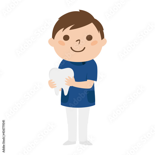 男性の歯医者さんのイラスト。歯のオモチャを持っている笑顔の男性。