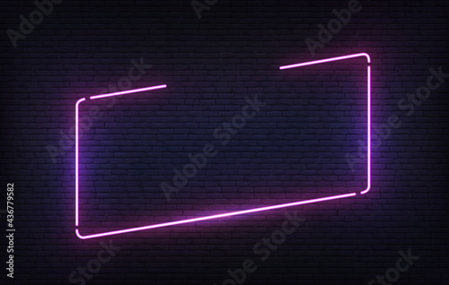 Neon frame template with placeholder. Purple incline light banner design template. Vector glowing rectangle signboard