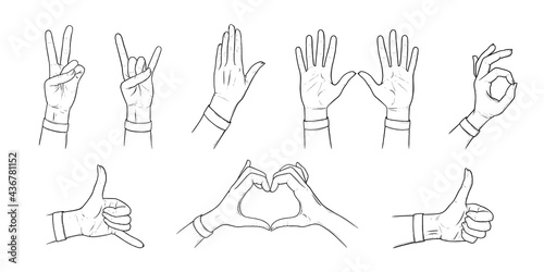 Gestures and habd signs. Sketch set with hands. Outline vector illustration isolated in white backgrounds