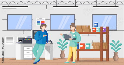 People working in typography at print to printer are communicating. Employees work with electronic device, laptop and computer paint service. Print shop services, printing process vector illustration